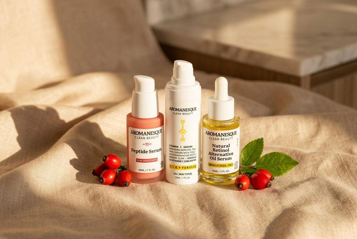 RENEW collection image with Aromanesque Peptide, Vitamin C and Retinol-Alternative serums on linen with rosehips