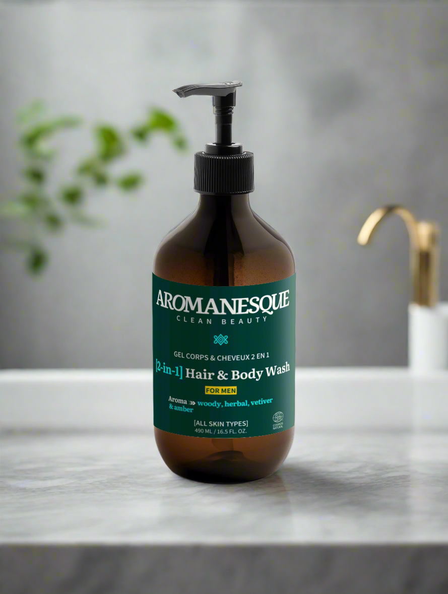 A pump bottle of Aromanesque premium 2-in-1 hair & body wash for men, with a pump dispenser, placed on a bathroom counter.