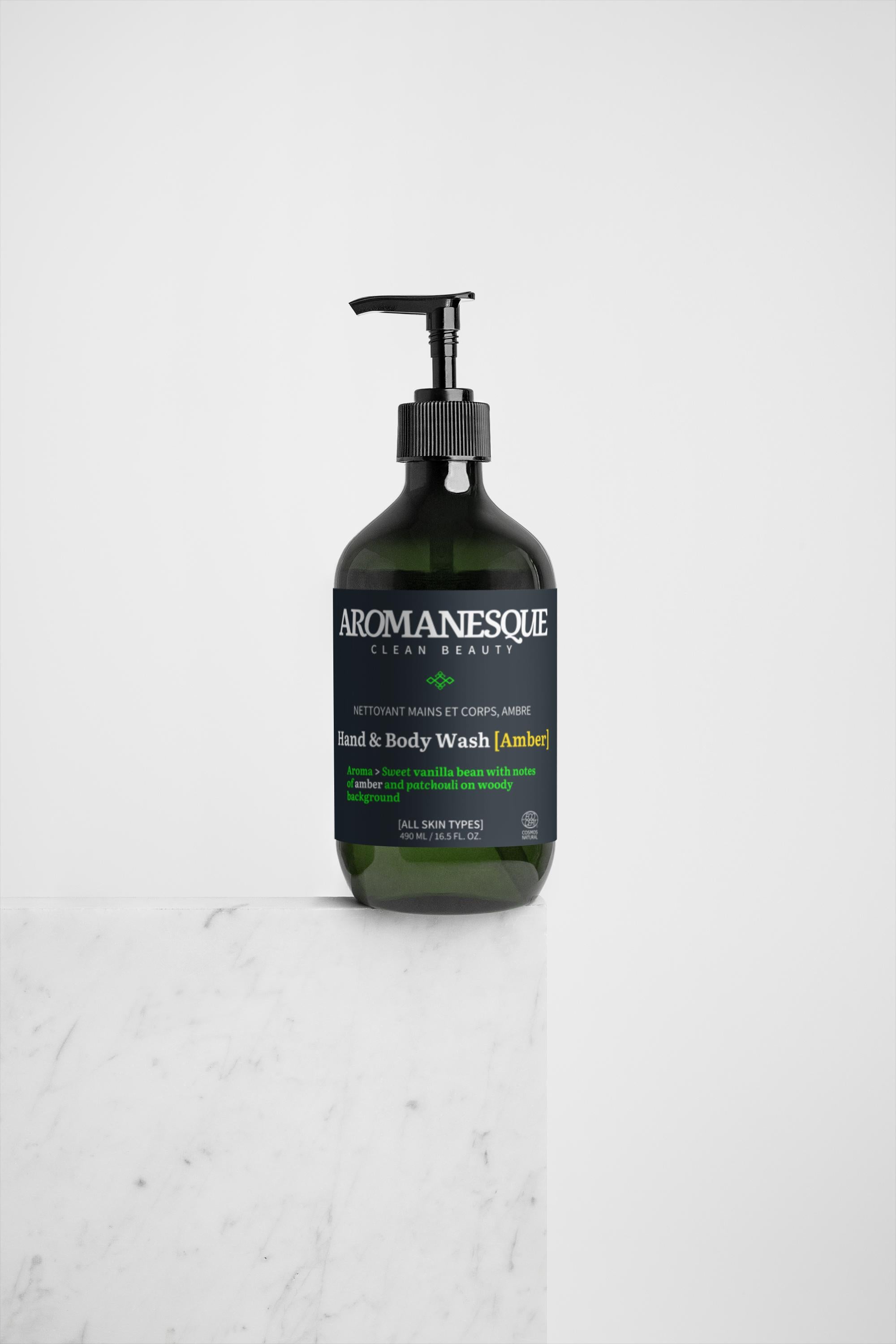 A pump bottle of Aromanesque Hand & Body Wash with patchouli and amber vanilla scents, 490ml.