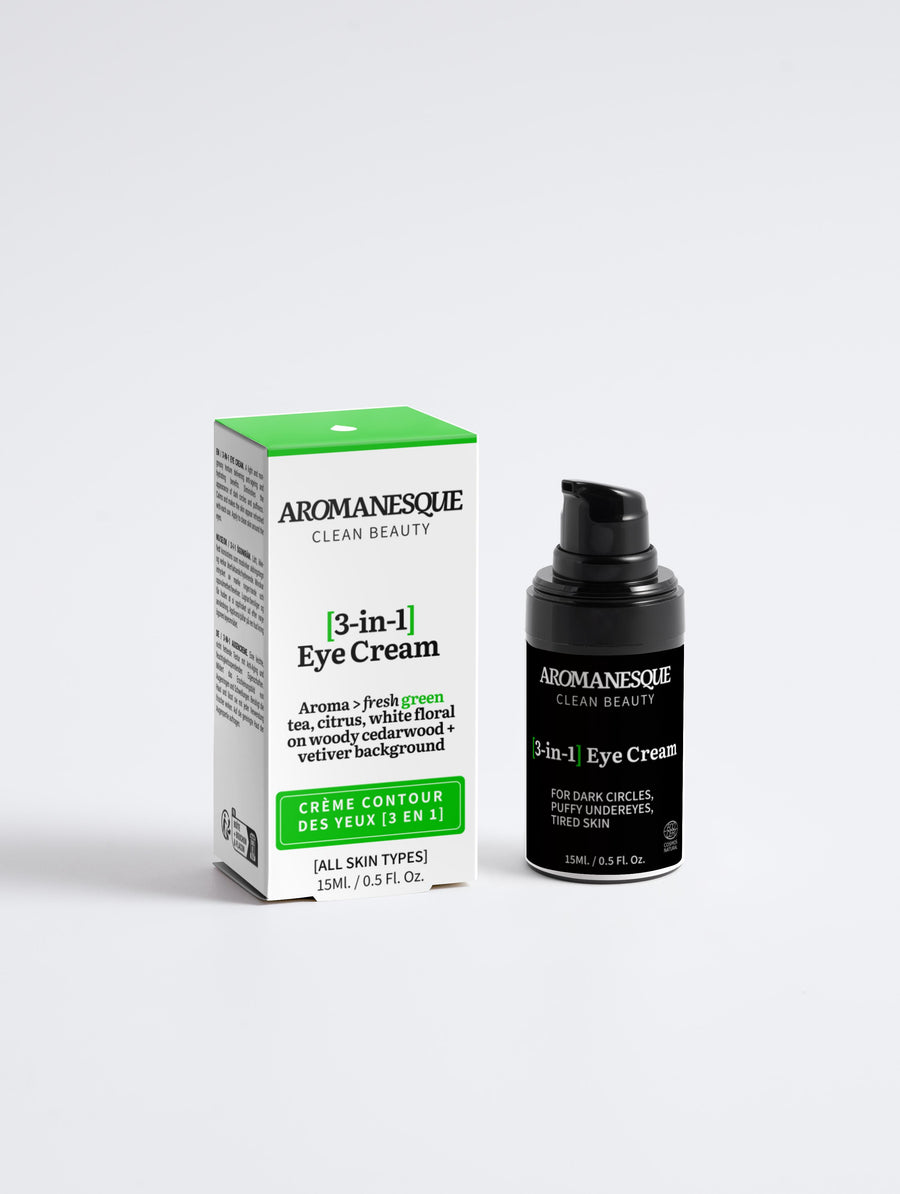 Aromanesque [3-in-1] Eye Cream packaging and container, with the cream designed for men. The packaging is predominantly white with green accents and text, and the container is a black pump bottle.