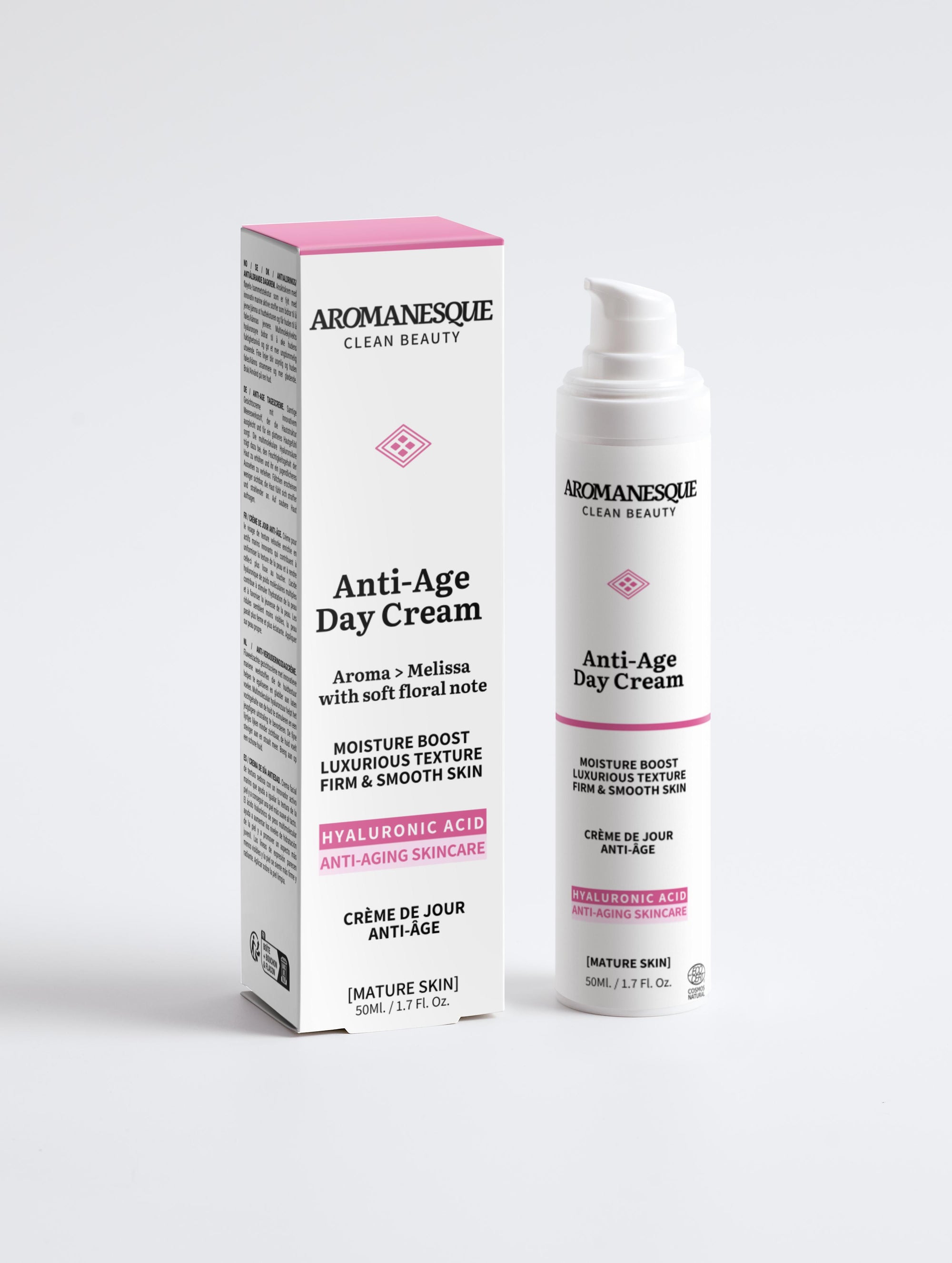 Aromanesque Anti-Age Day Cream packaging and container, with the product emphasizing hyaluronic acid and marine extracts.