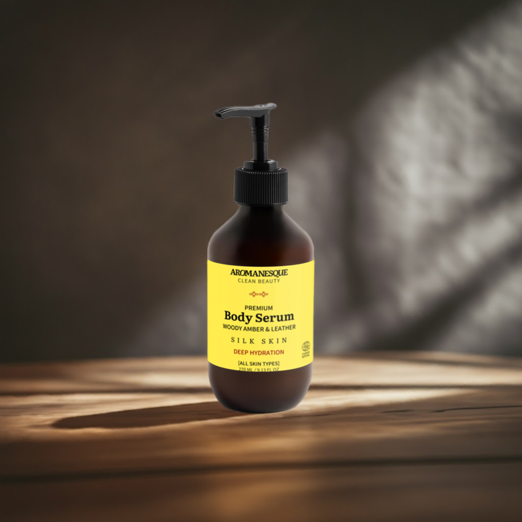 Premium Körperserum, holziger Bernstein und Leder 