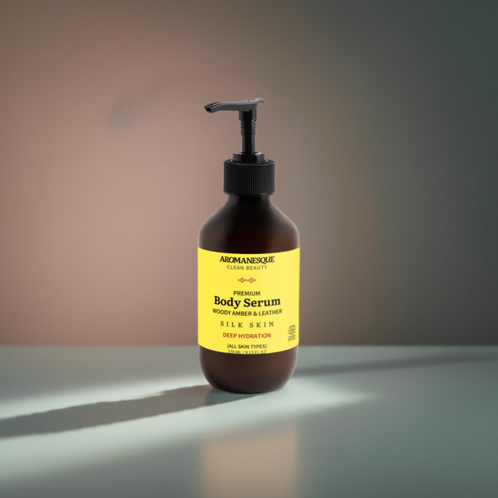 Premium Körperserum, holziger Bernstein und Leder 