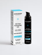 Aromanesque Oil-Free Hydrating Gel packaging and bottle, with the box being predominantly white and the gel bottle being black, both featuring the product name and description.
