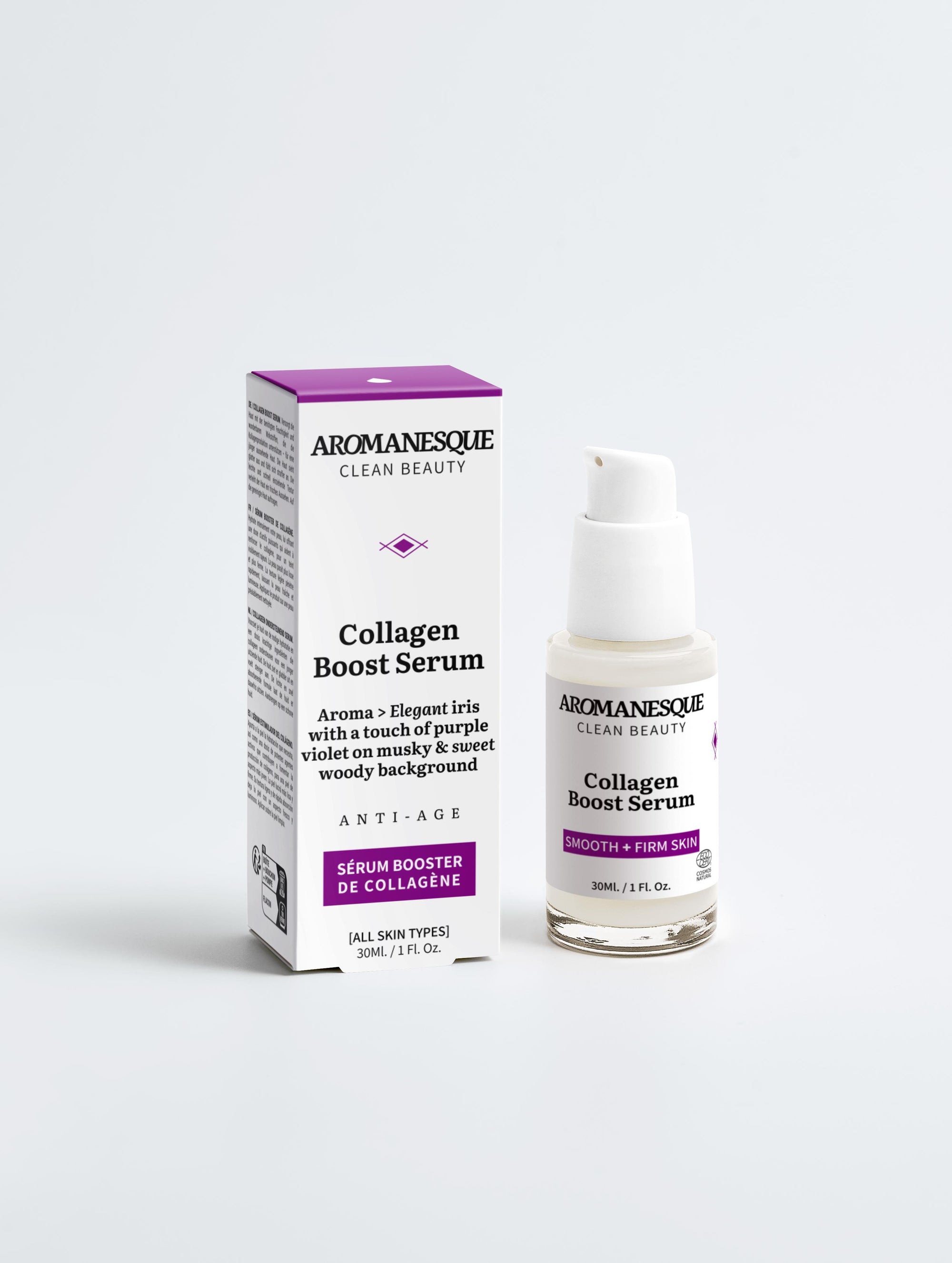 A package and bottle of Aromanesque Collagen Boost Serum, with the serum dropper visible in front of the package.