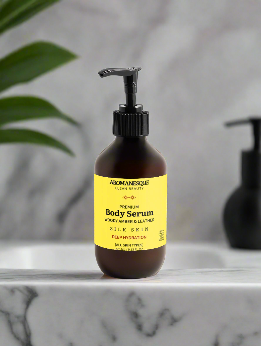 Premium Körperserum, holziger Bernstein und Leder 