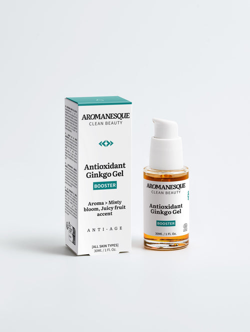 A product image showing Aromanesque Antioxidant Ginkgo Gel Booster packaging and the gel itself in a white dropper bottle.